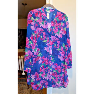 Tommy Bahama Blue Floral Sheer Swimsuit Cover-Up Button Front Roll Tab Sleeve S